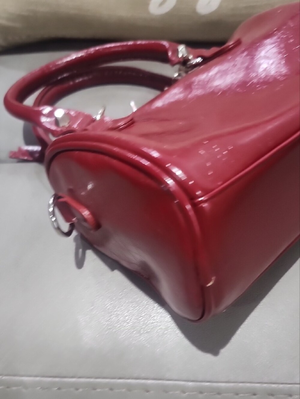 Glossy Vegan Leather Burgundy Dome Satchel/Crossbody Wirh Charm - Picture 9 of 11